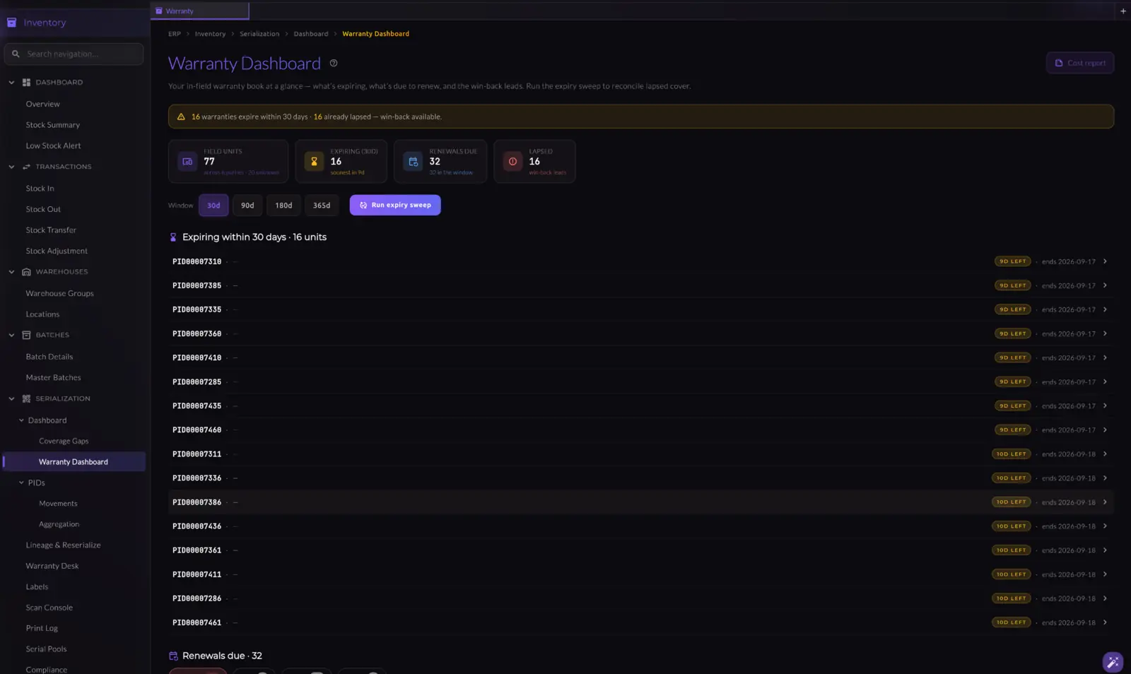 The warranty dashboard in Zeflash