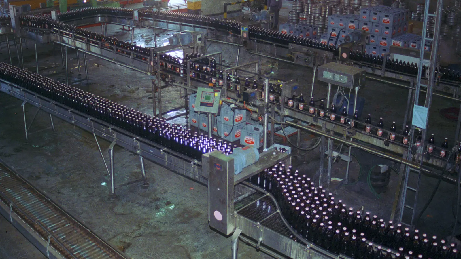 Bottles running through a filling line